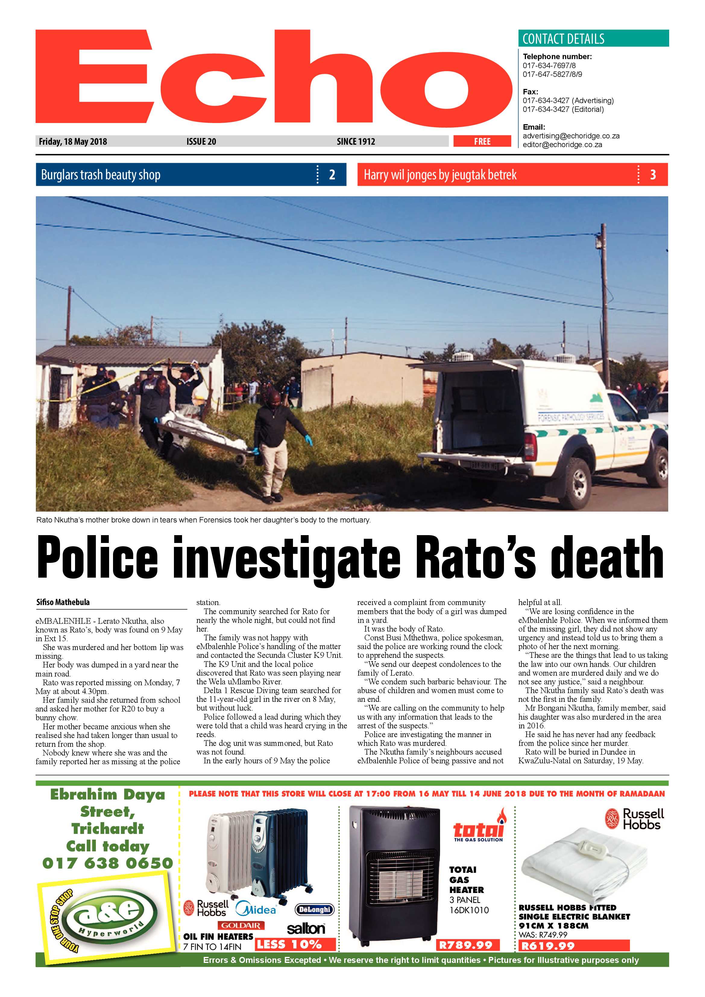 Echo 18 May 2018 page 1