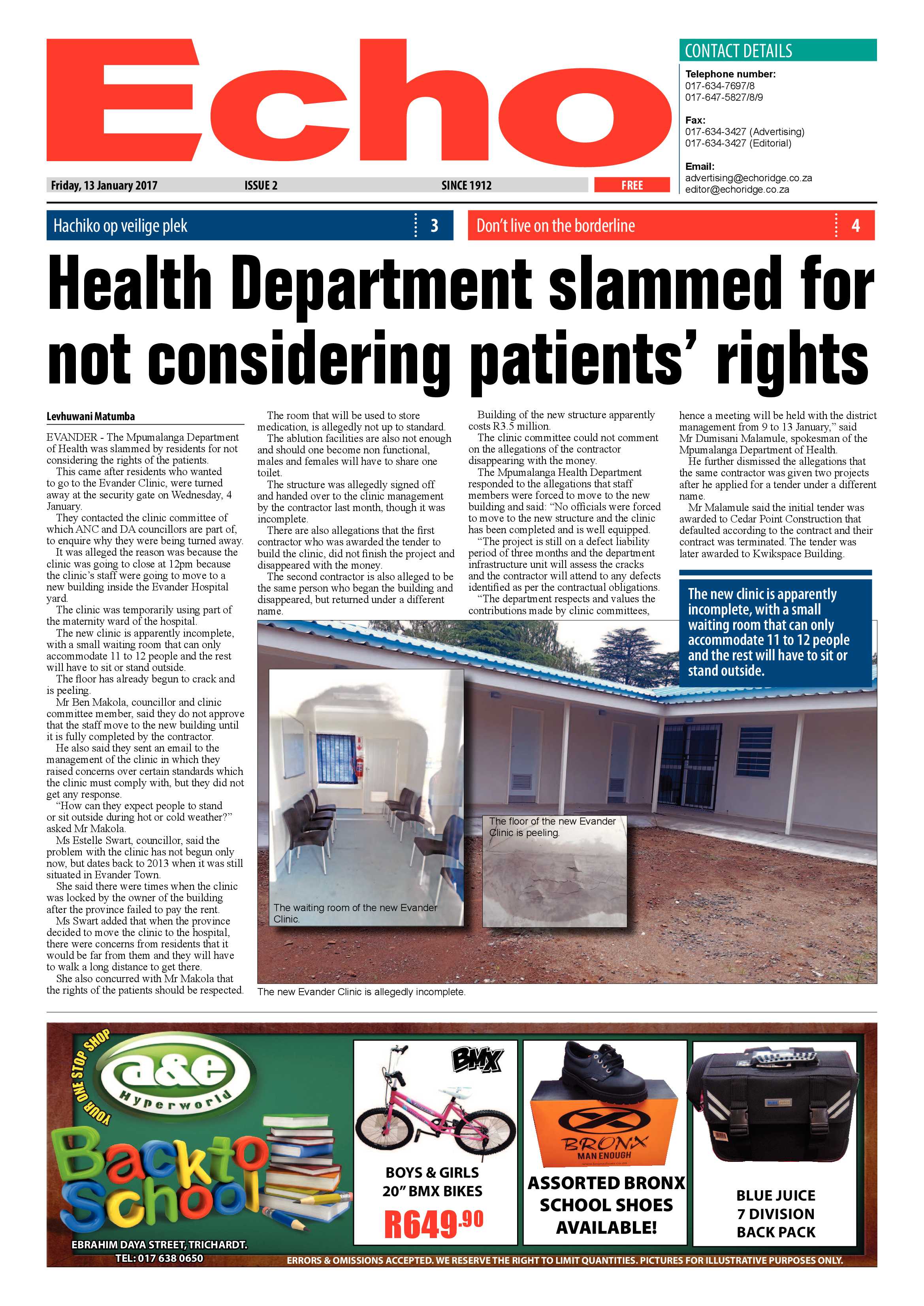 Echo, 13 January 2017 page 1