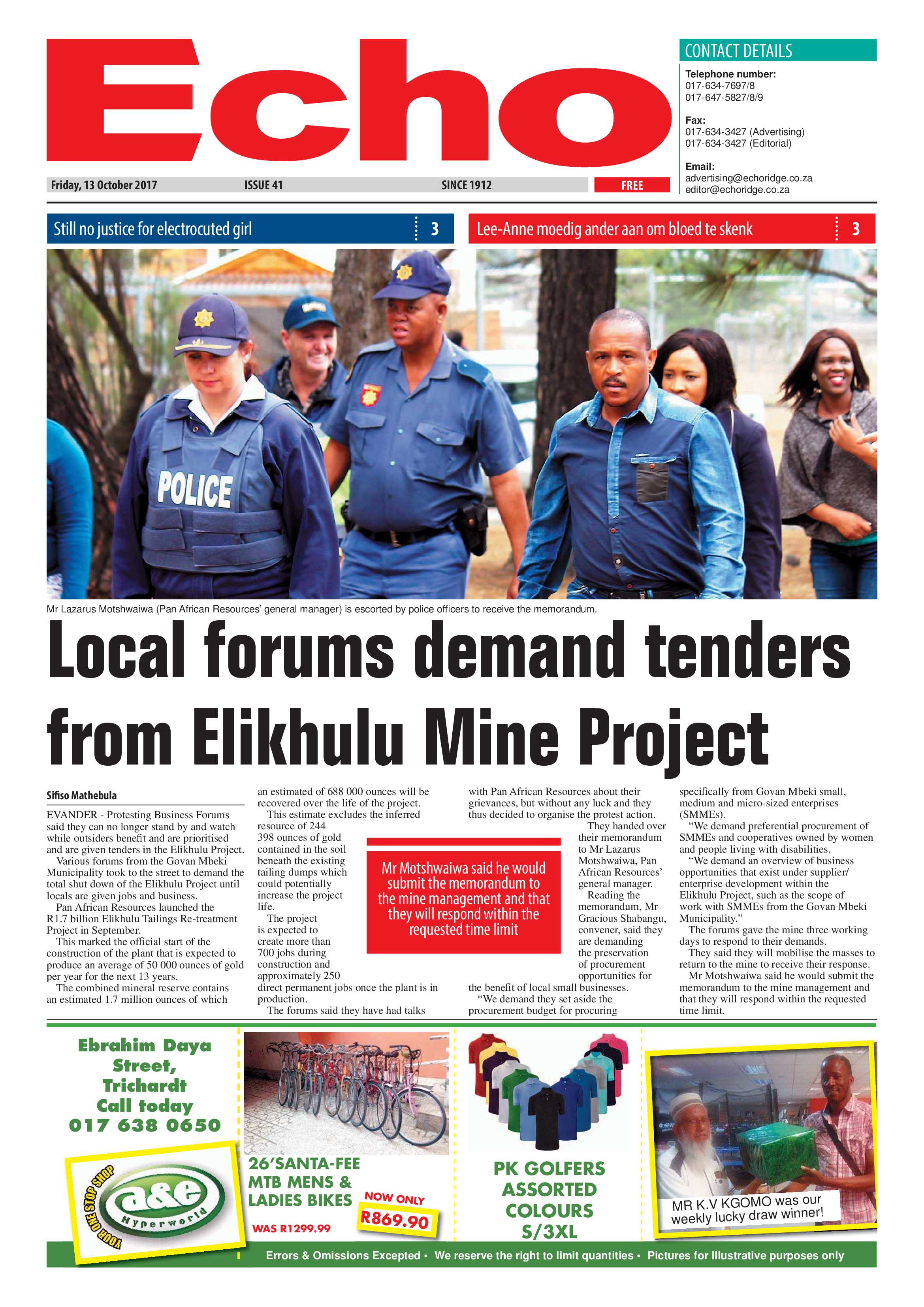 Echo, 13 October 2017 page 1