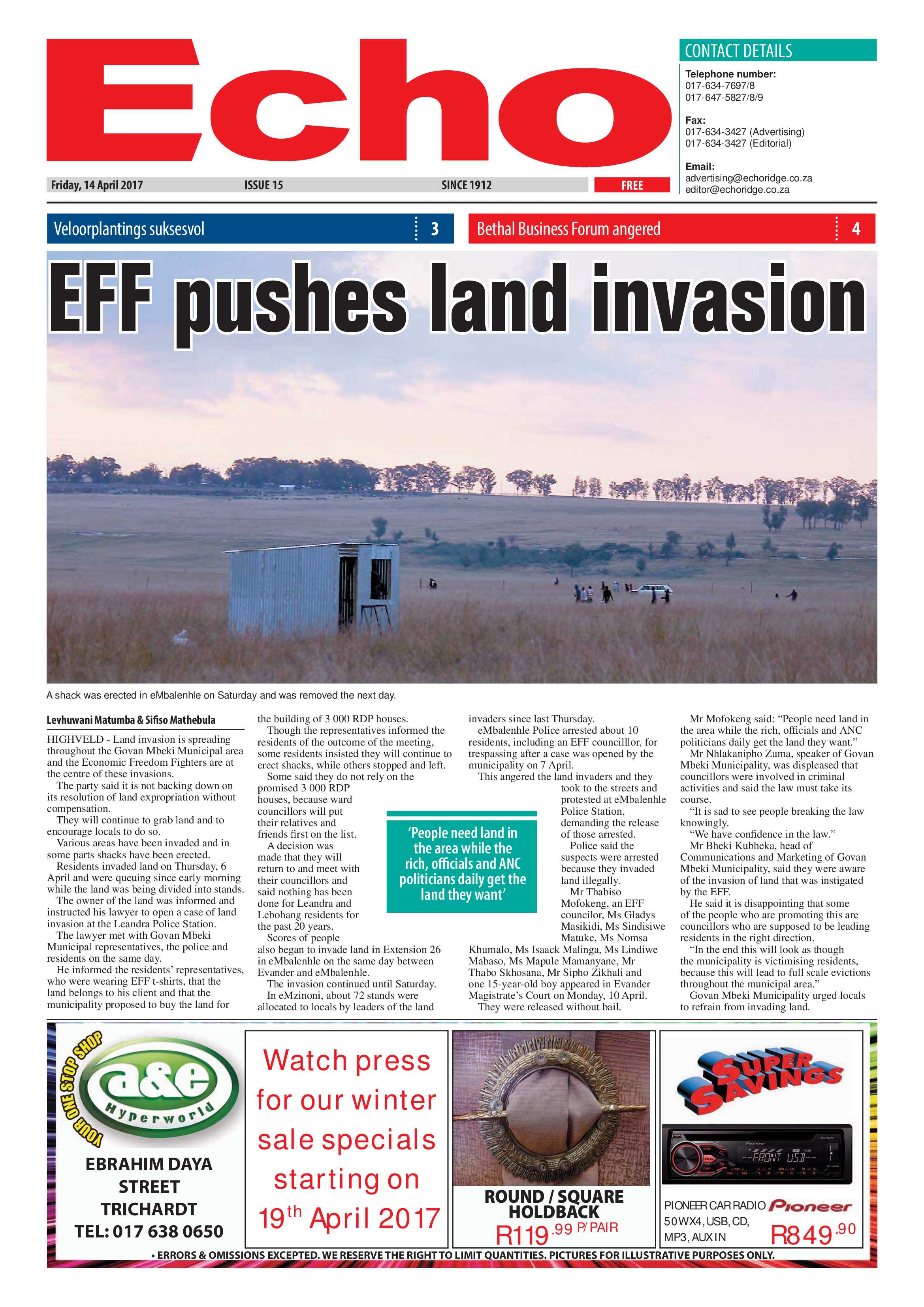 Echo, 14 April 2017 page 1