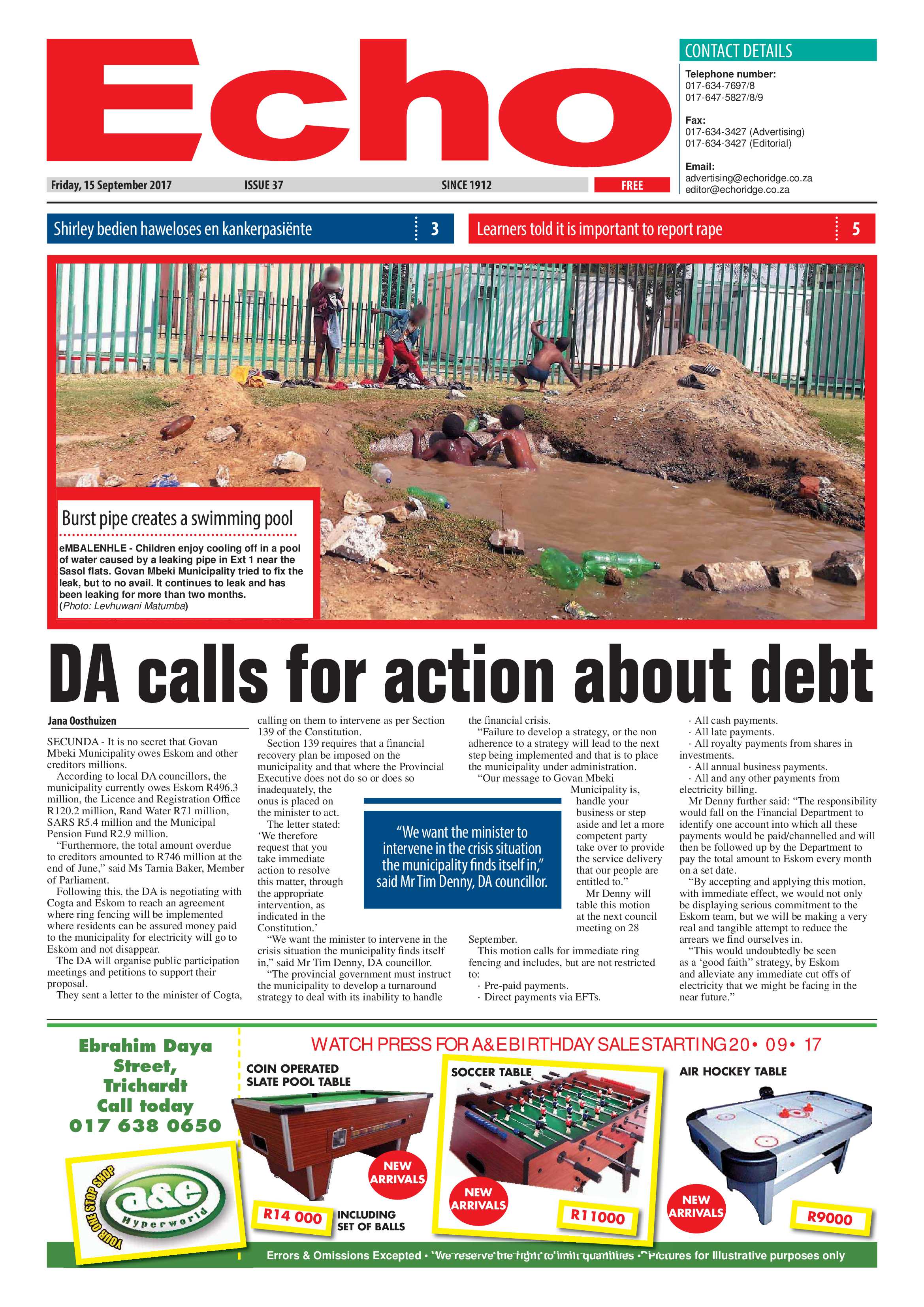 Echo, 15 September 2017 page 1