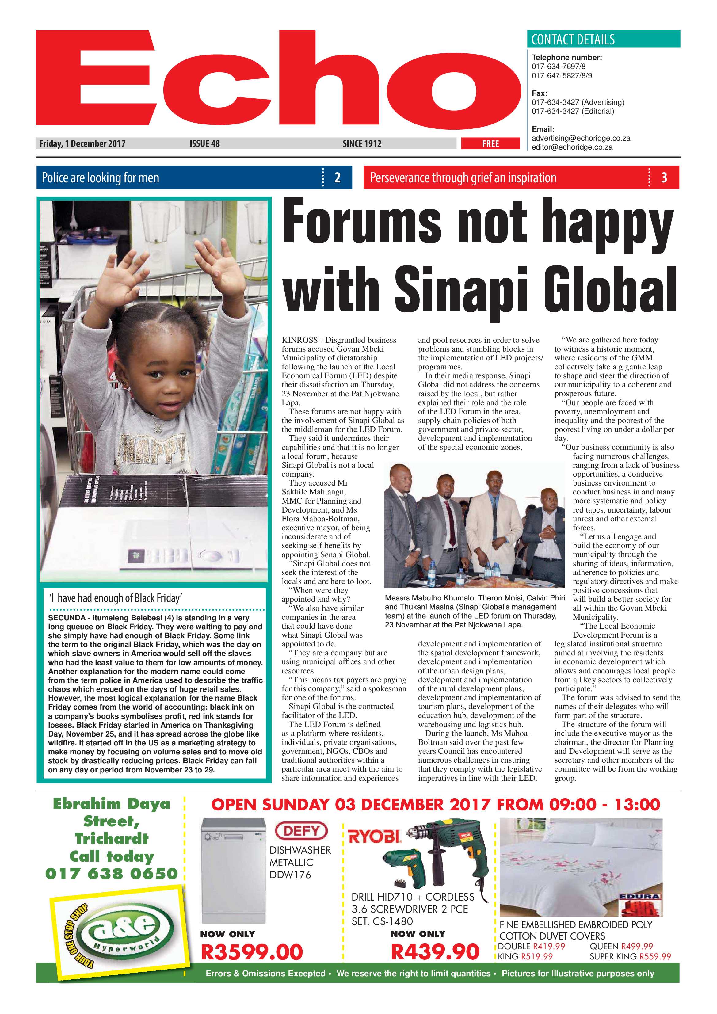 Echo, 1 December 2017 page 1