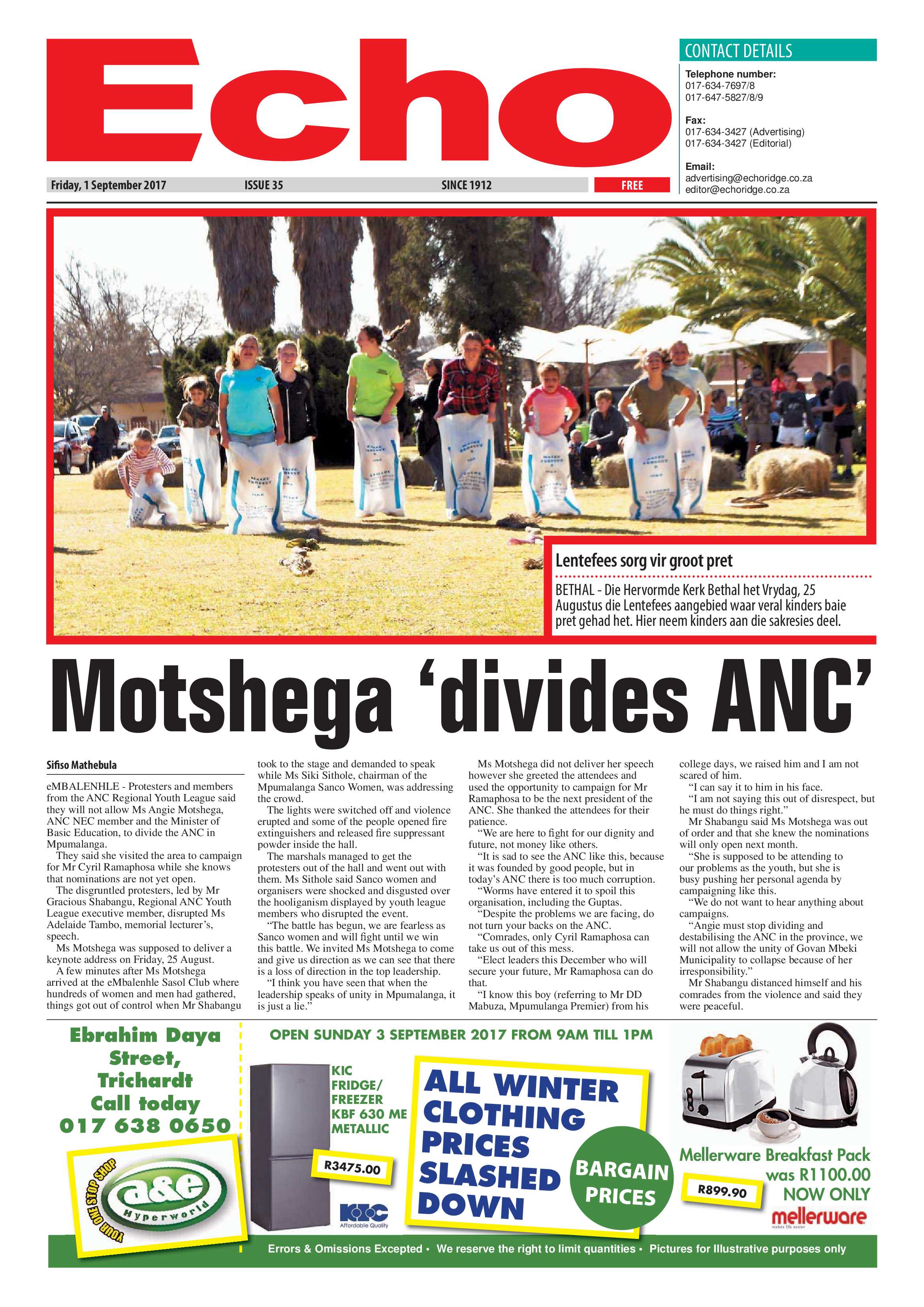 Echo, 1 September 2017 page 1