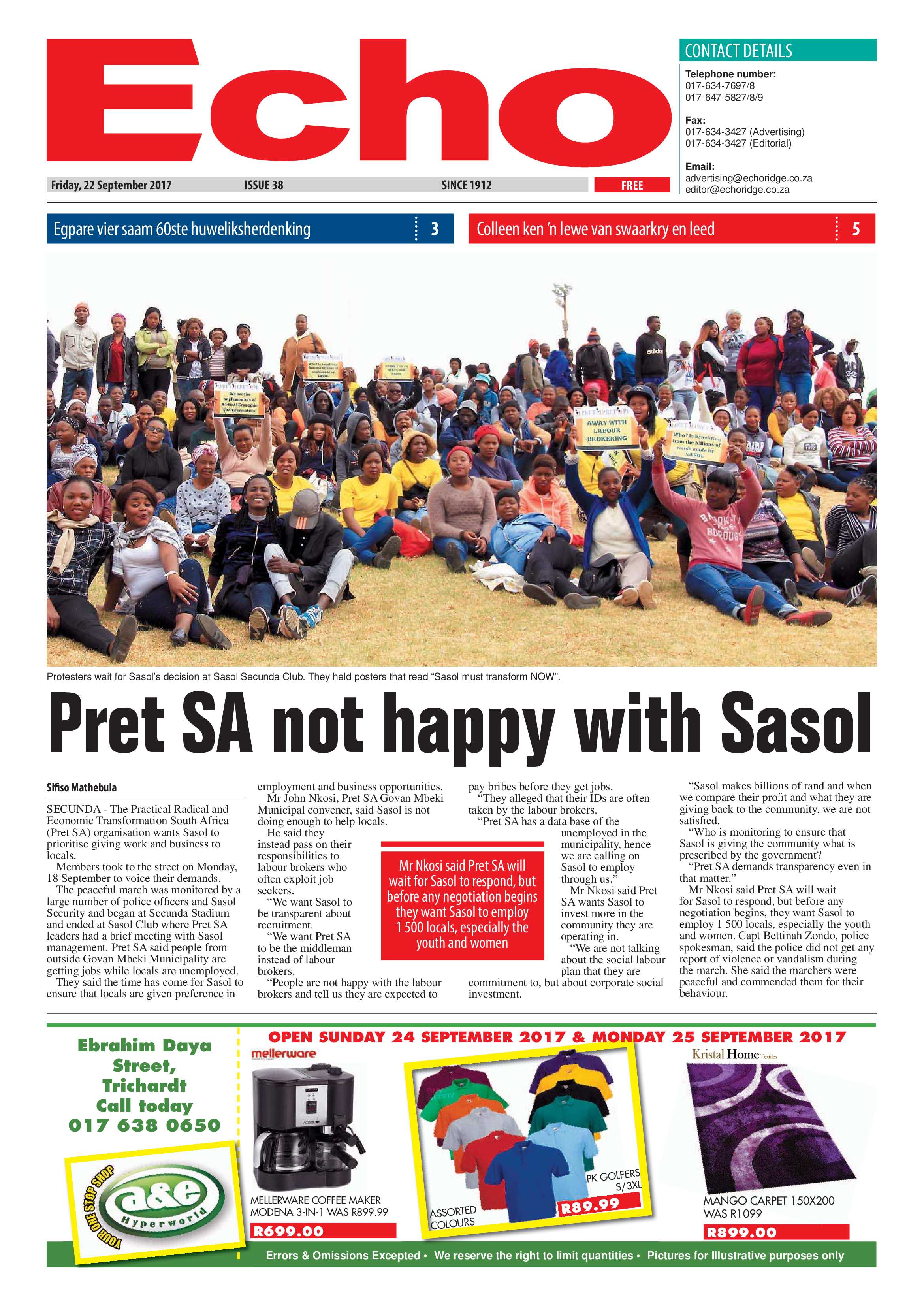 Echo, 22 September 2017 page 1