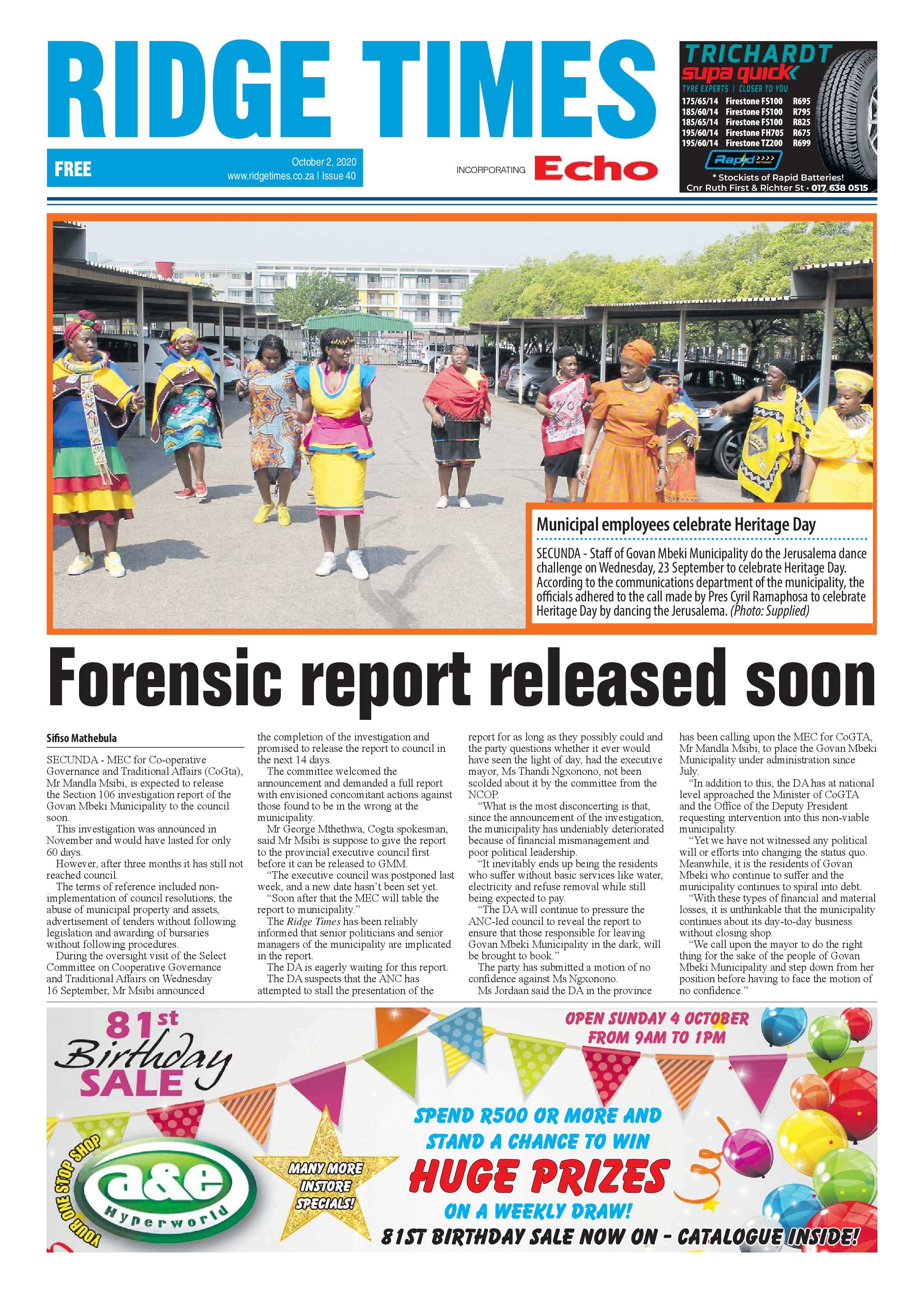 Ridge Times 02 October 2020 page 1