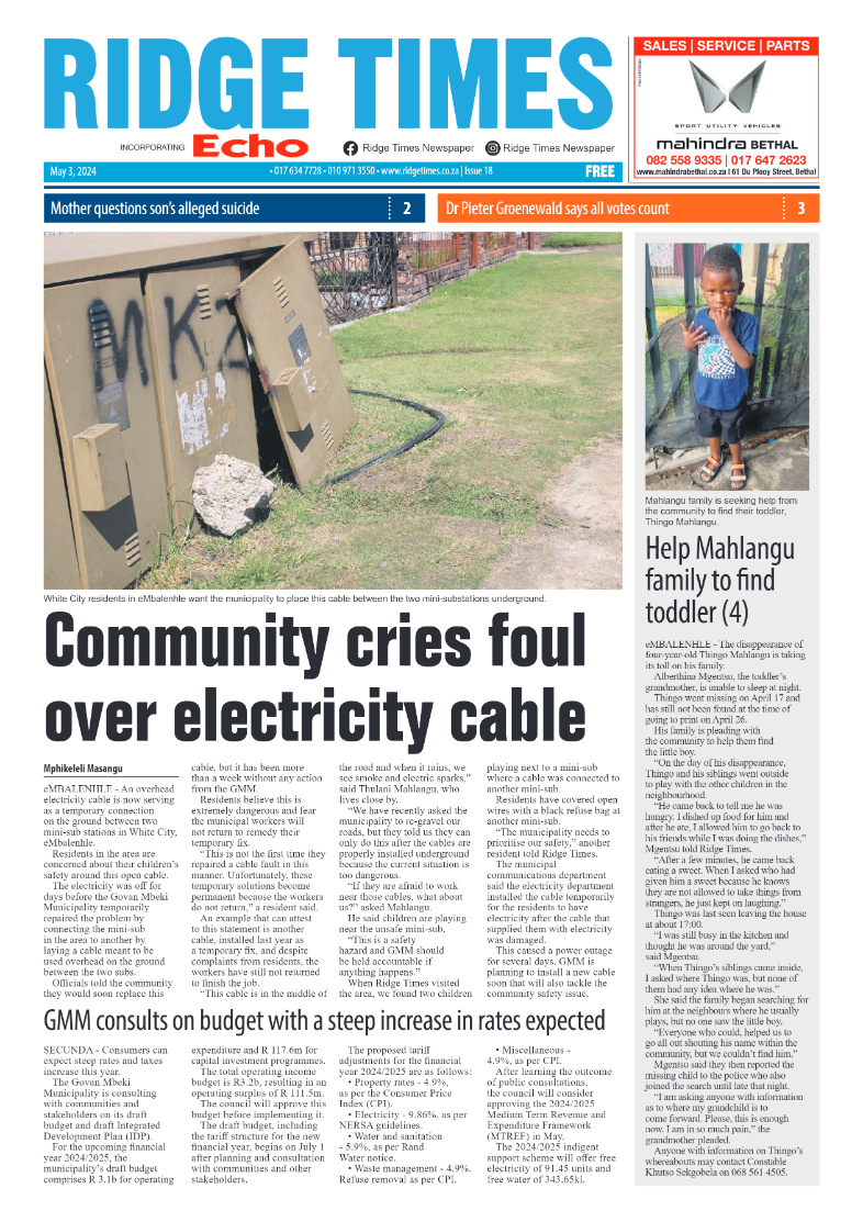 Ridge Times 03 May 2024 page 1