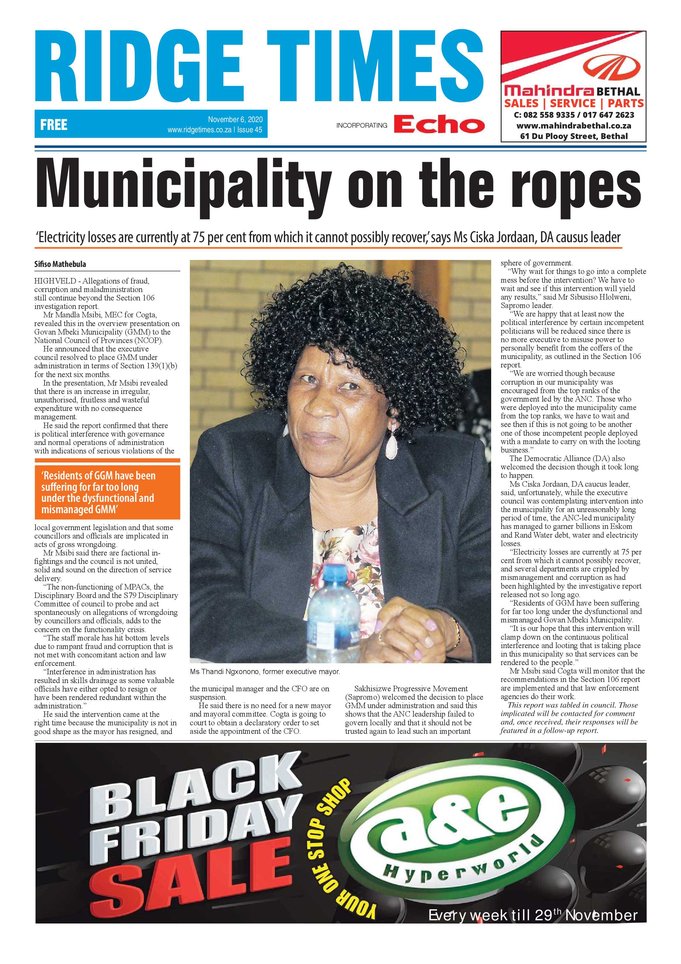 Ridge Times 06 November 2020 page 1