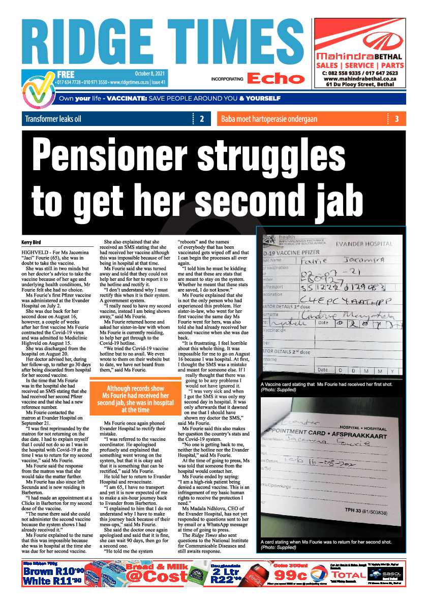 Ridge Times 08 October 2021 page 1