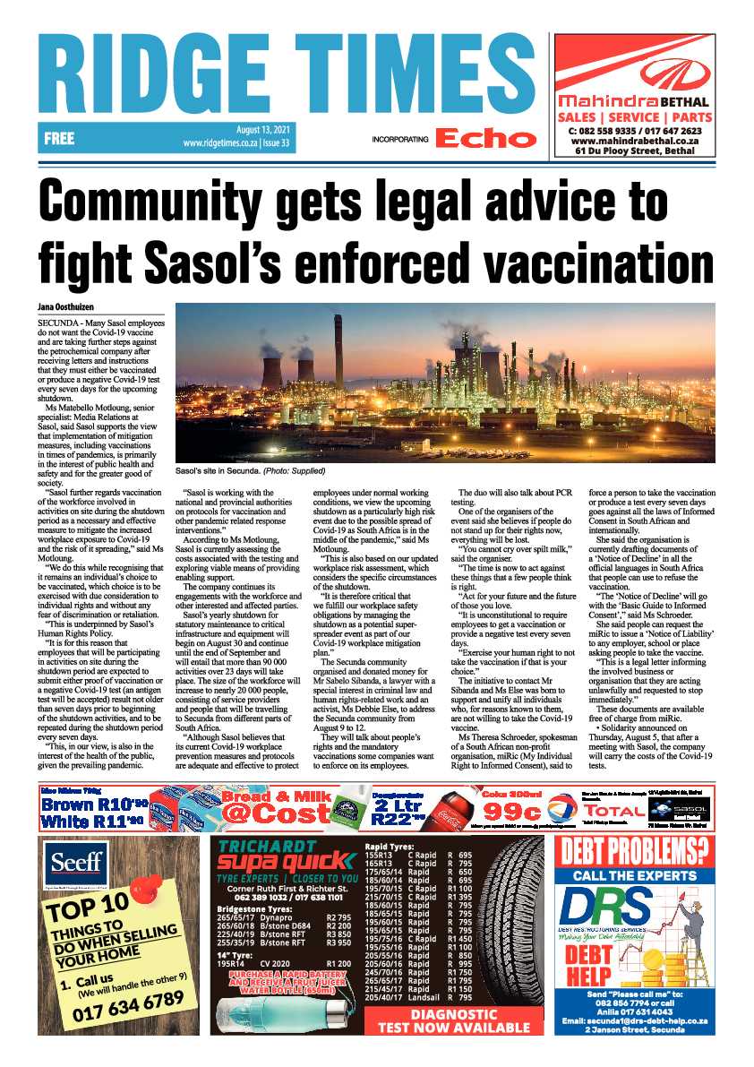 Ridge Times 13 August 2021 page 1