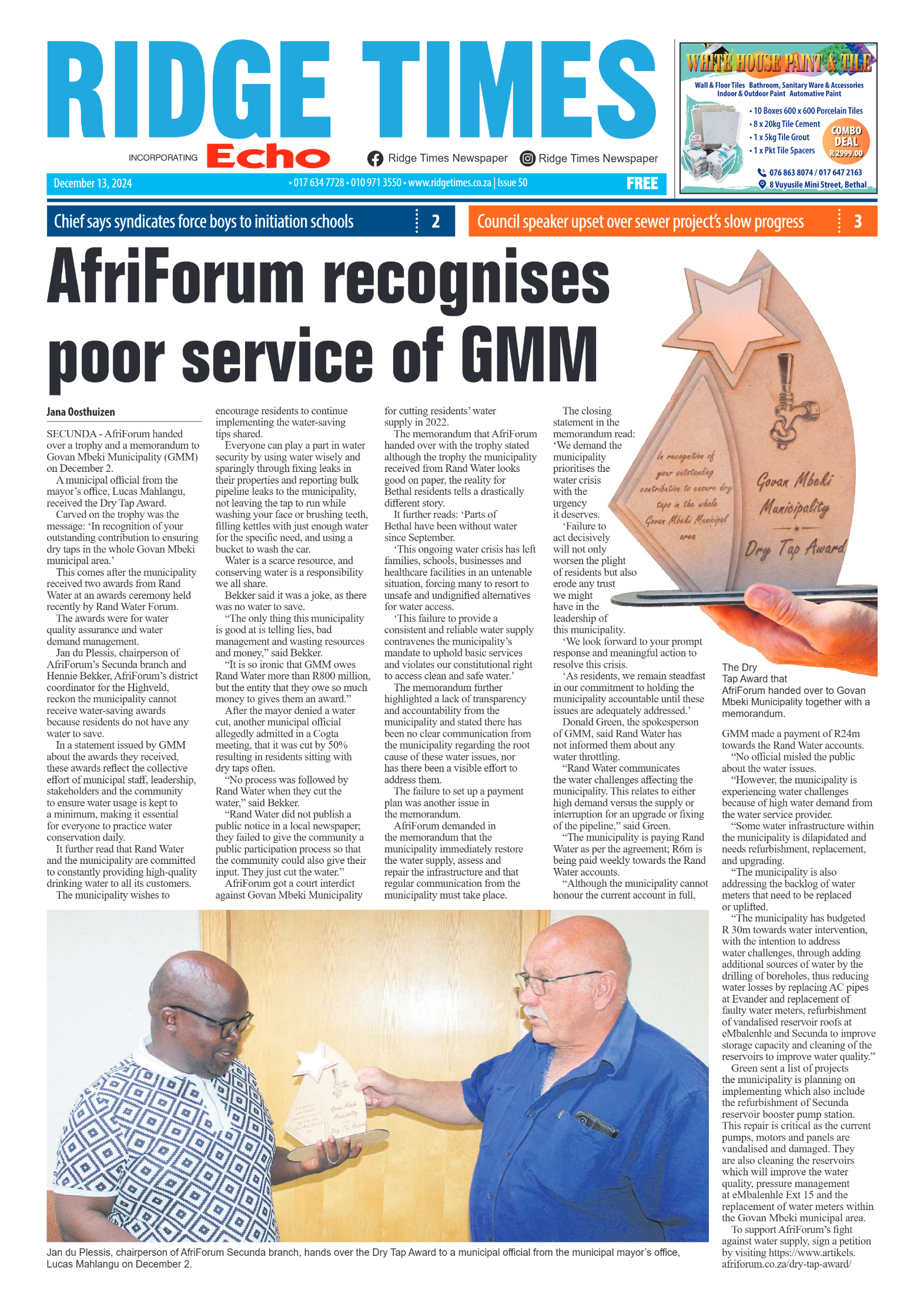 Ridge Times 13 December 2024 page 1