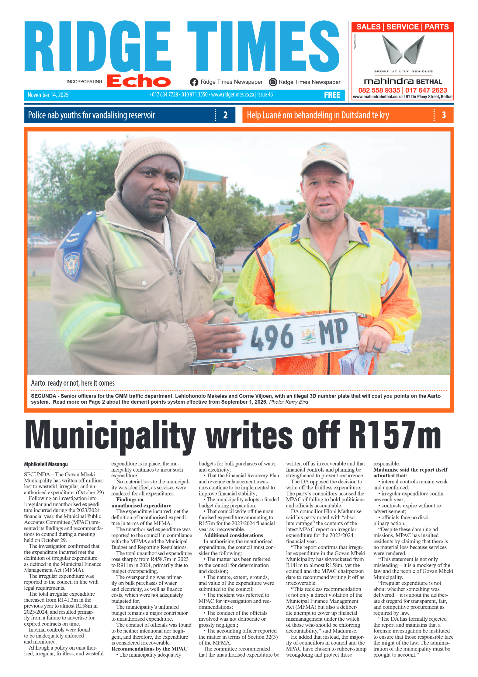 Ridge Times 14 November 2025 page 1