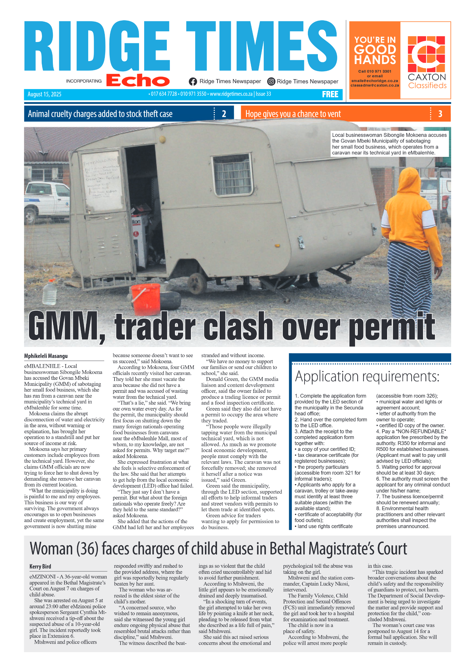Ridge Times 15 August 2025 page 1