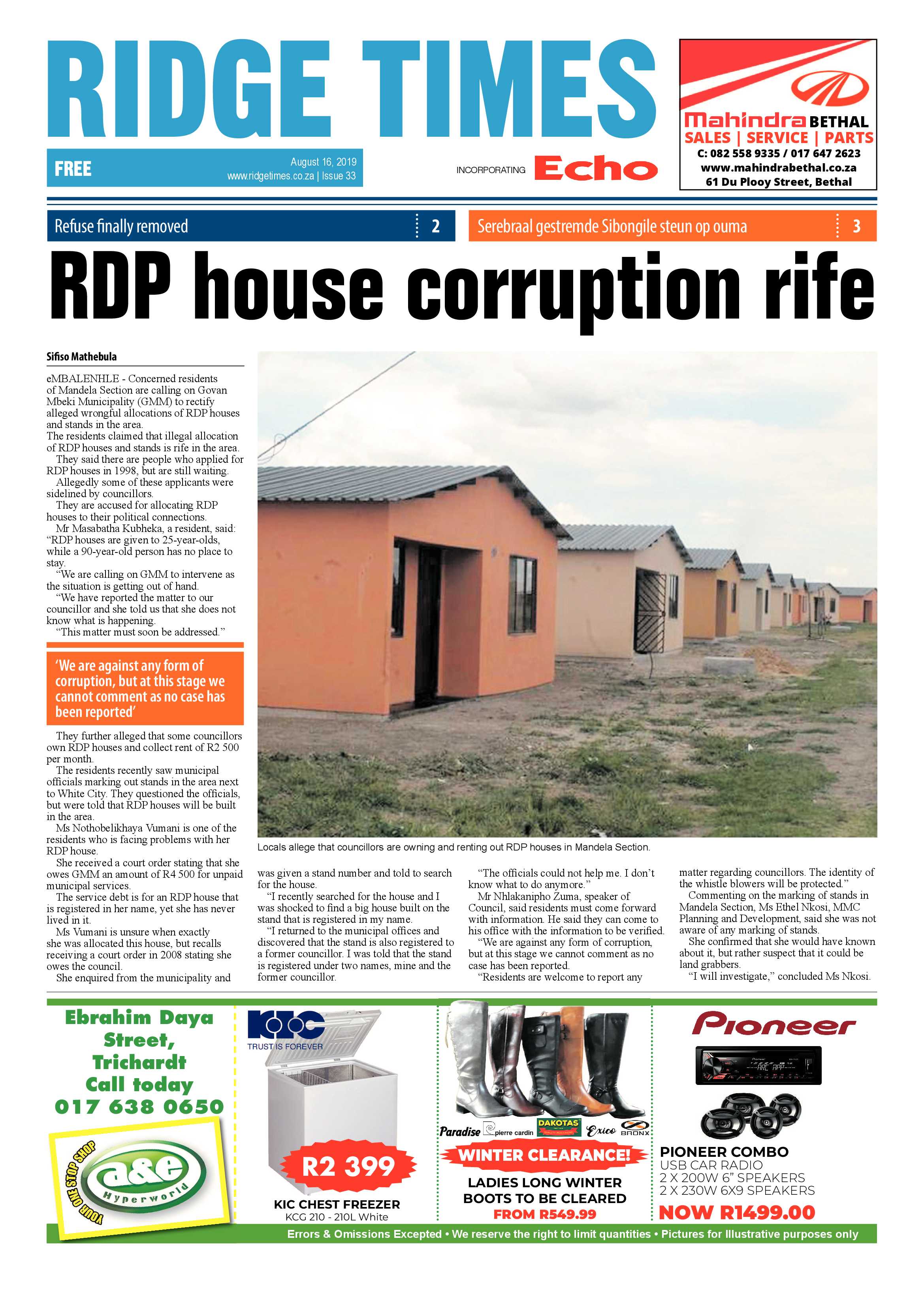 Ridge Times 16 August 2019 page 1