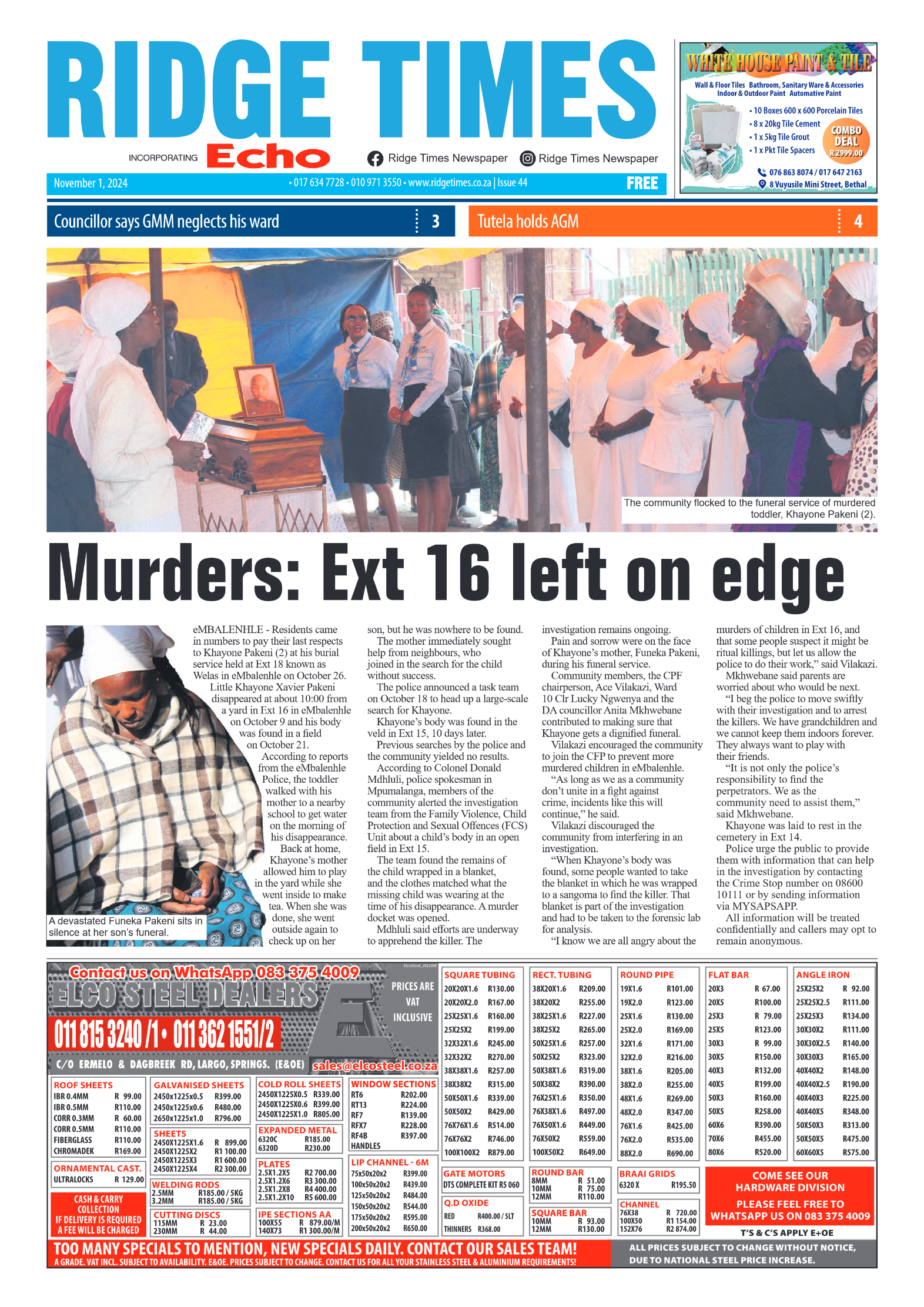 Ridge Times 1 November 2024 page 1