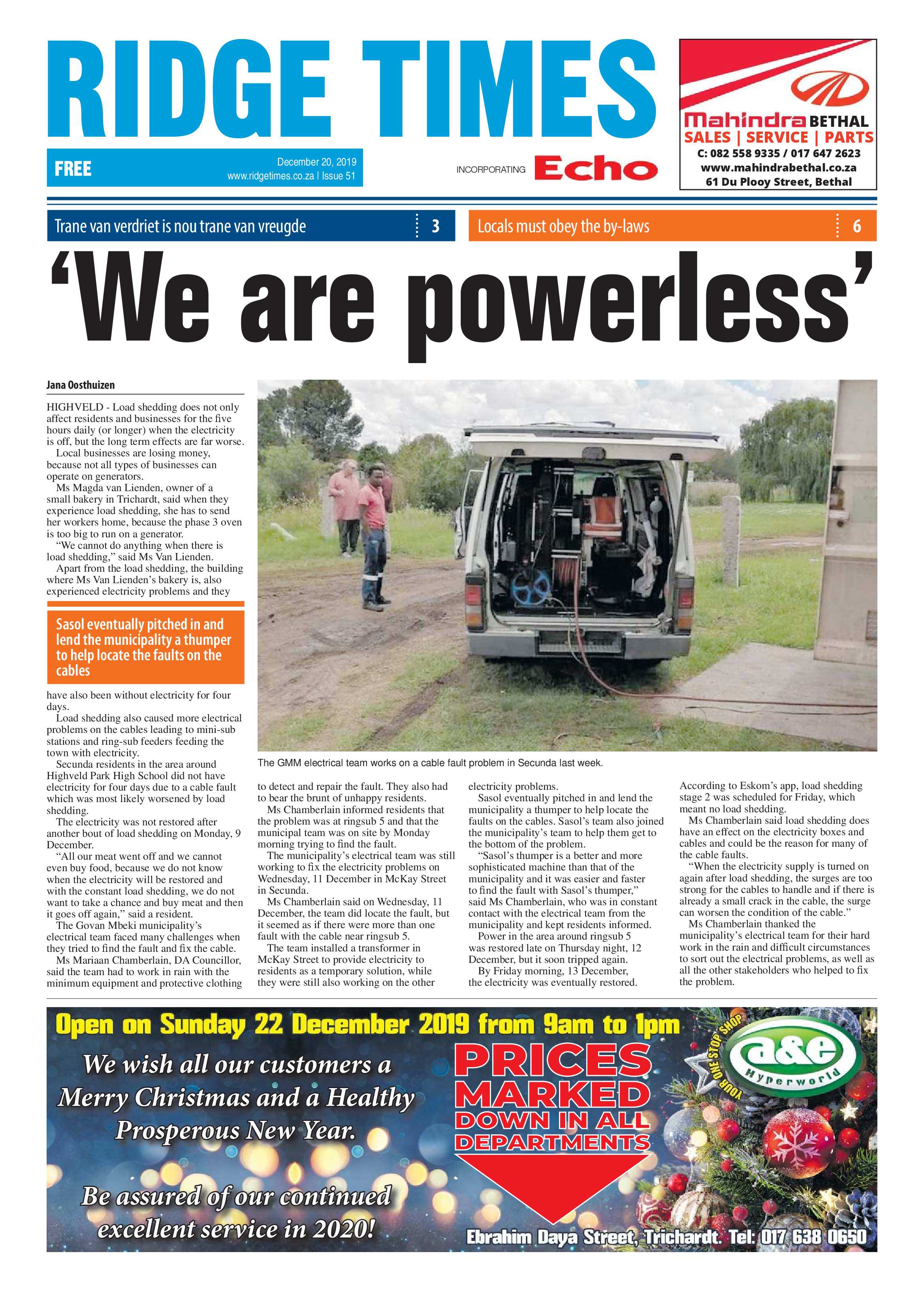Ridge Times 20 December 2019 page 1