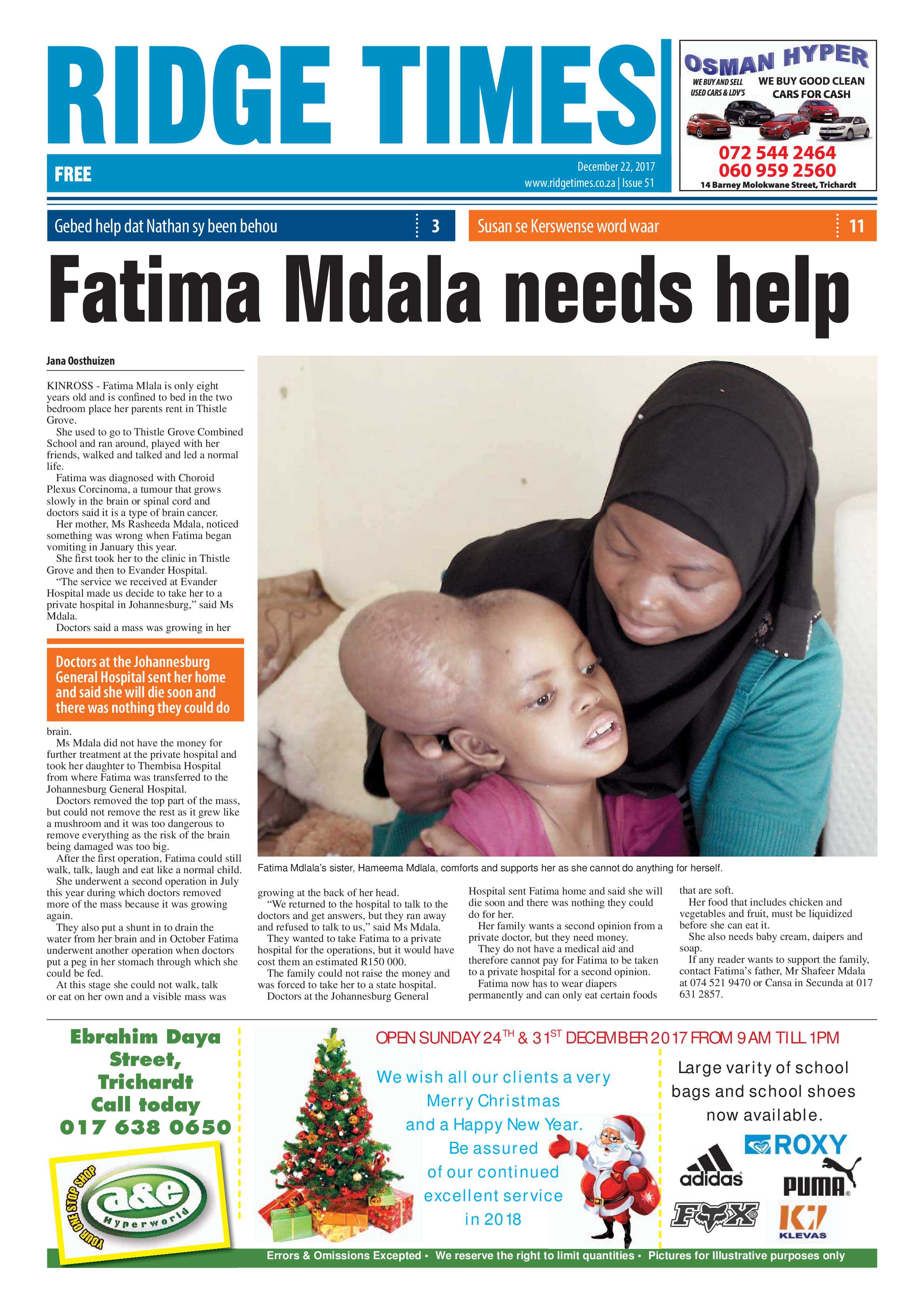 Ridge Times 22 December 2017 page 1