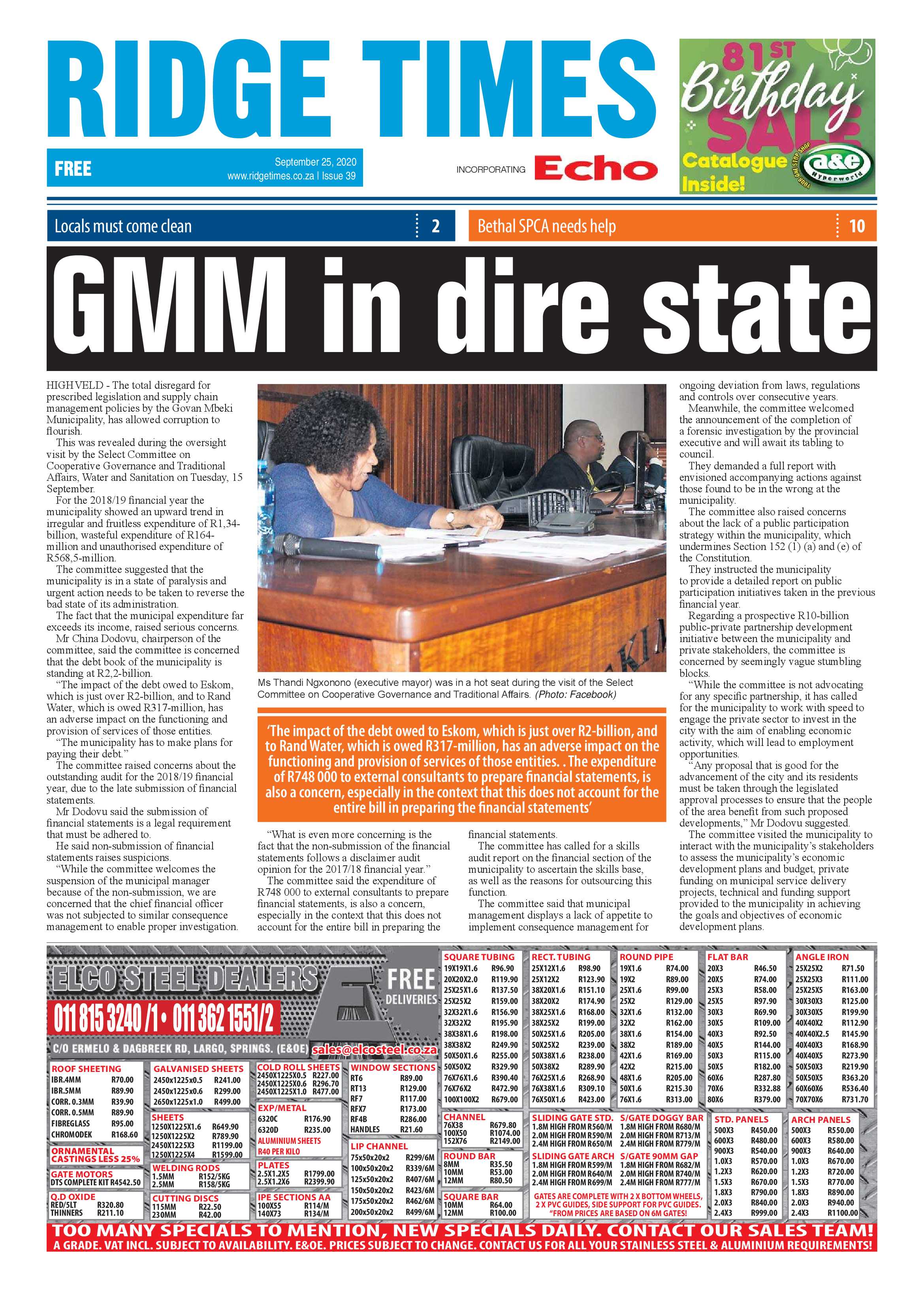 Ridge Times 25 September 2020 page 1