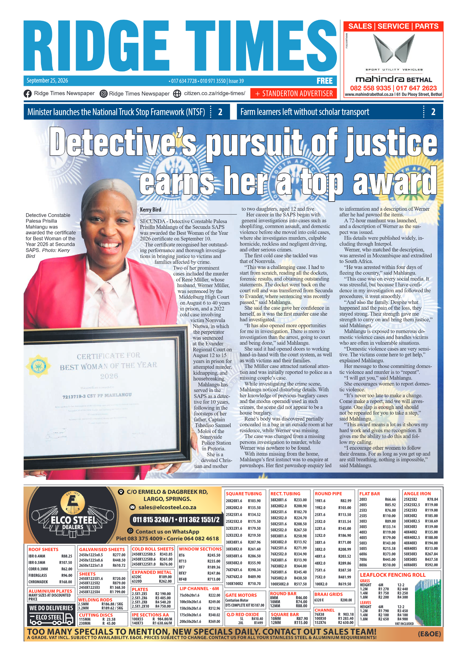 Ridge Times 25 September 2026 page 1
