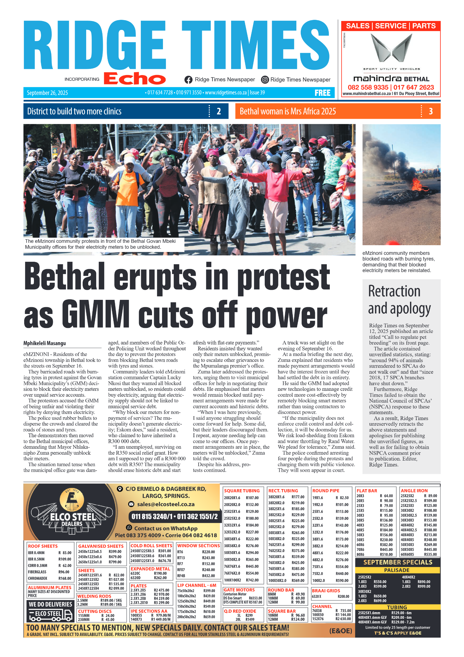 Ridge Times 26 September 2025 page 1