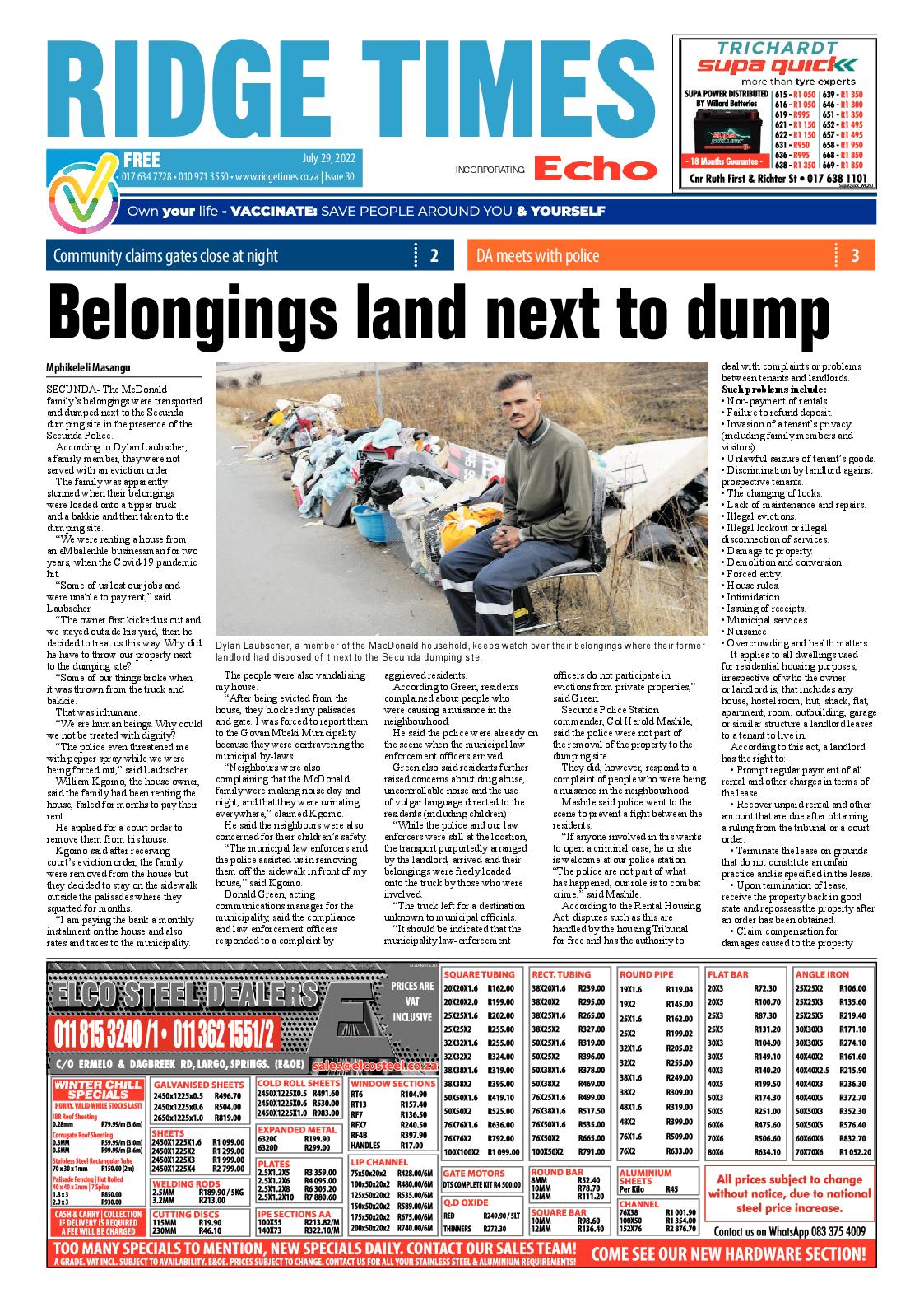 Ridge Times 29 July 2022 page 1