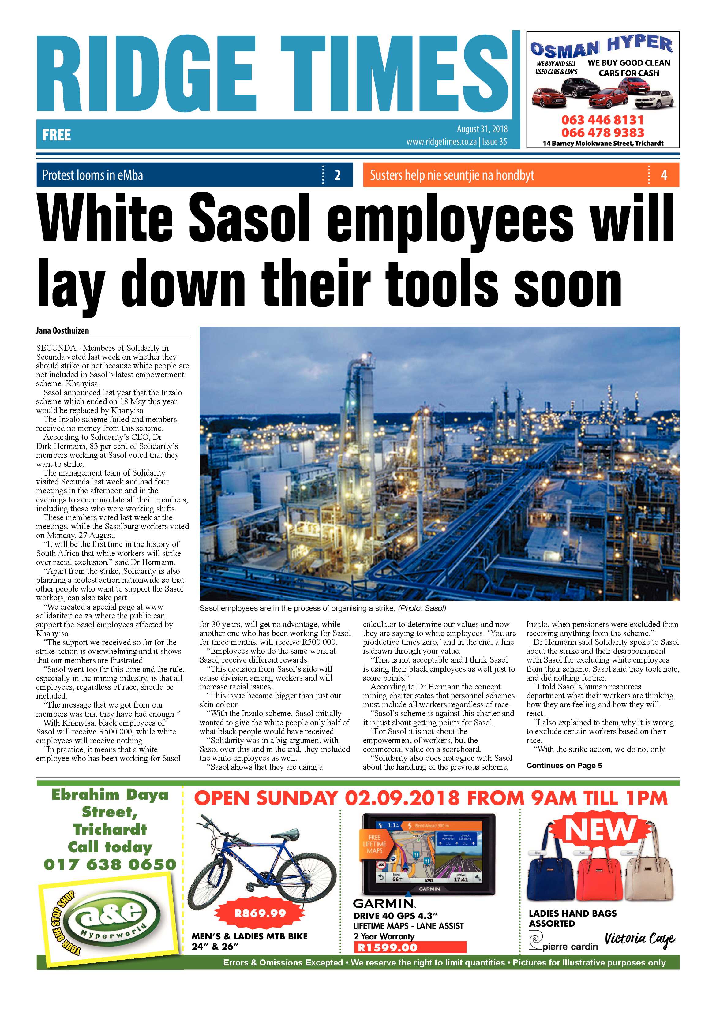 Ridge Times 31 August 2018 page 1