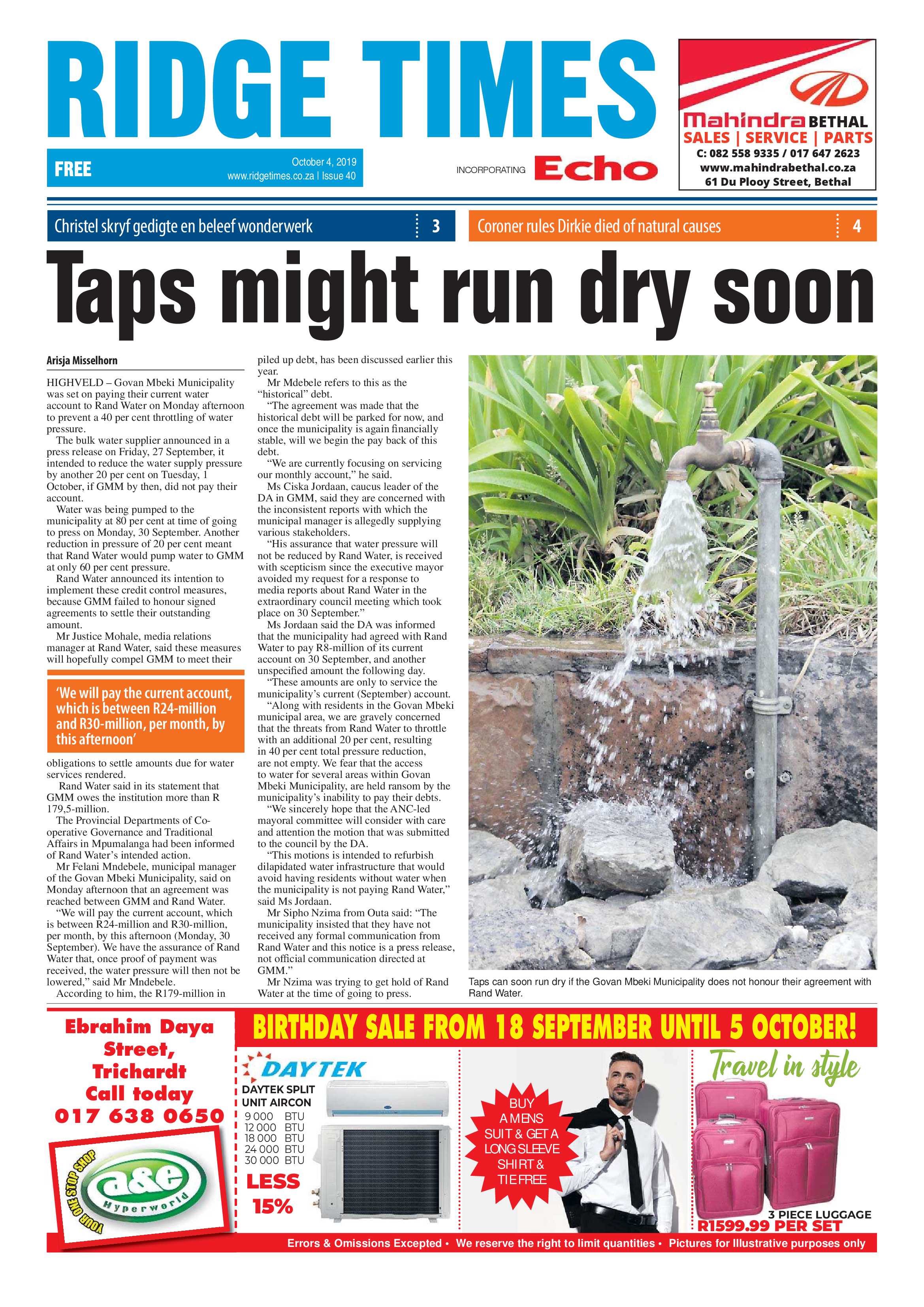 Ridge Times 04 October 2019 page 1