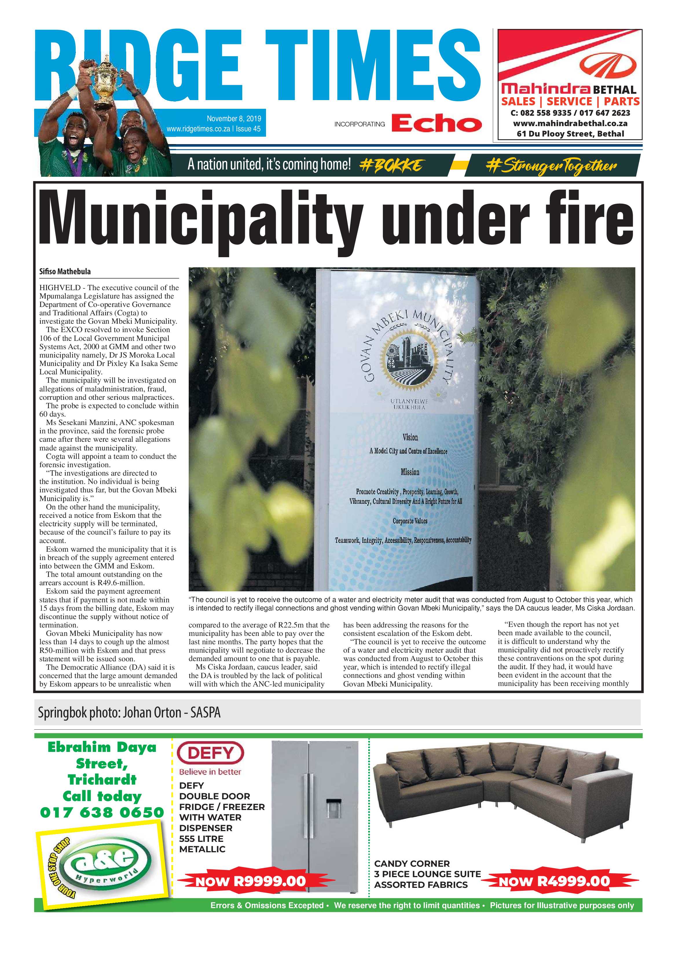 Ridge Times 8 November 2019 page 1