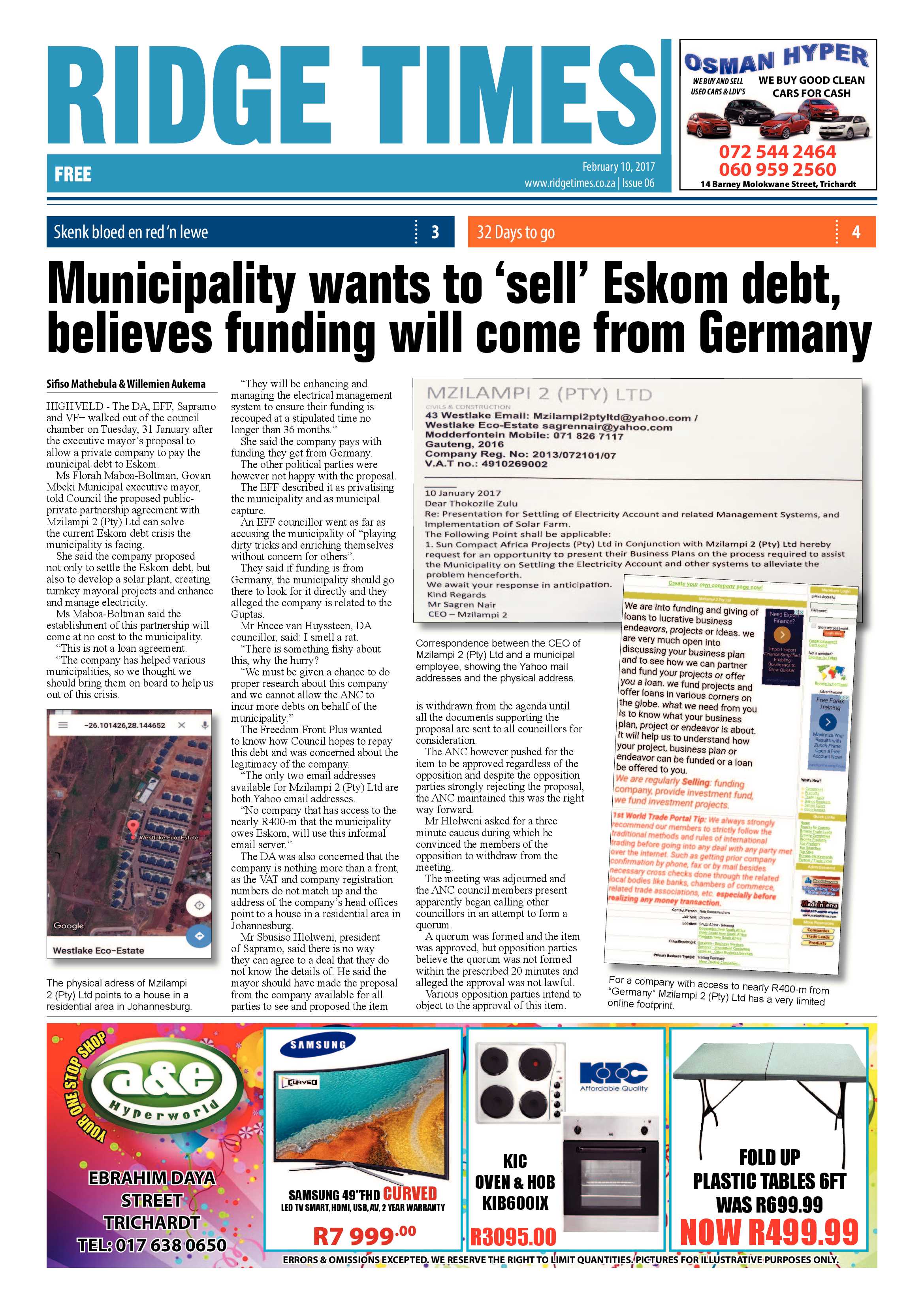 Ridge Times, 10 February 2017 page 1