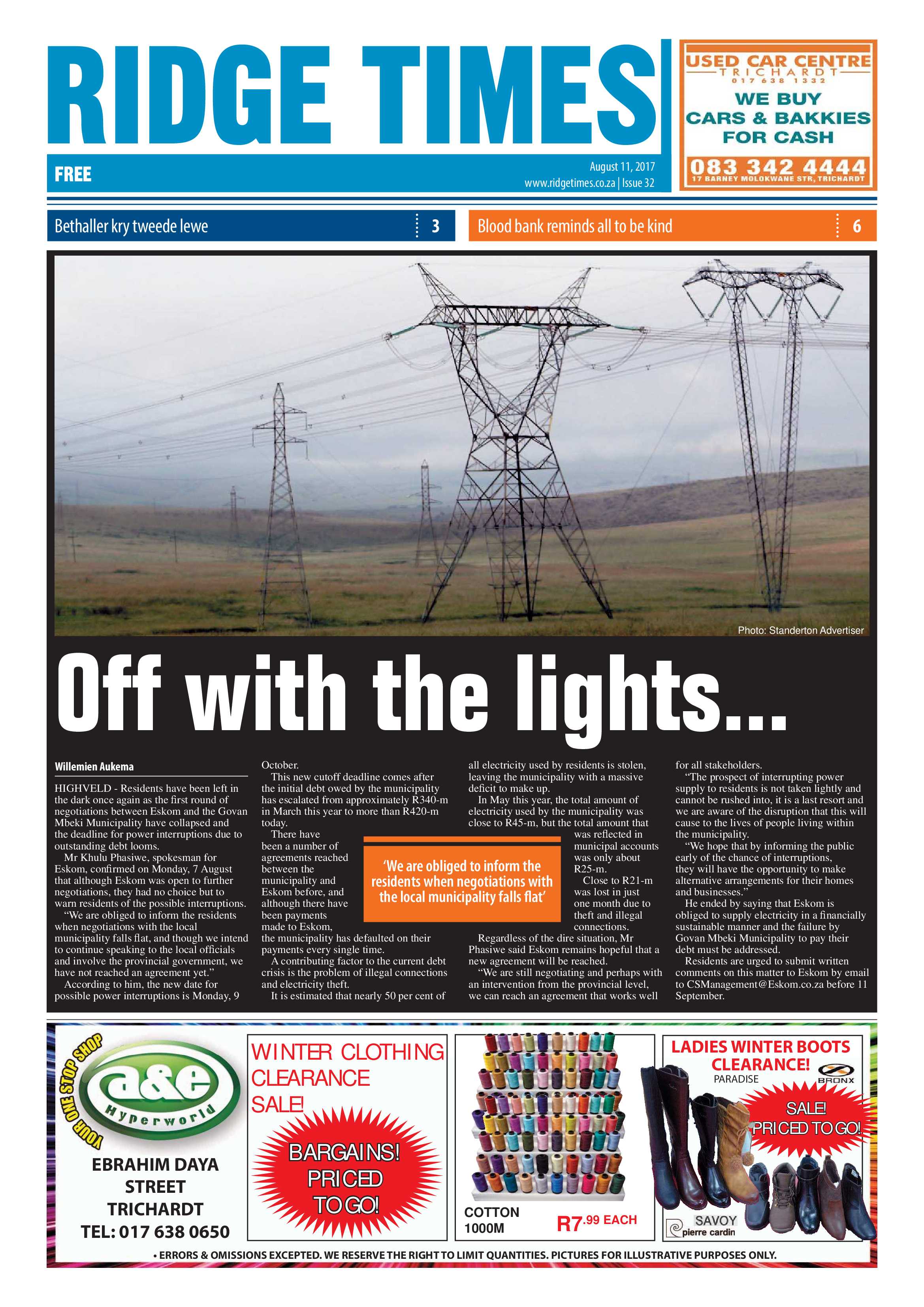 Ridge Times, 11 August 2017 page 1