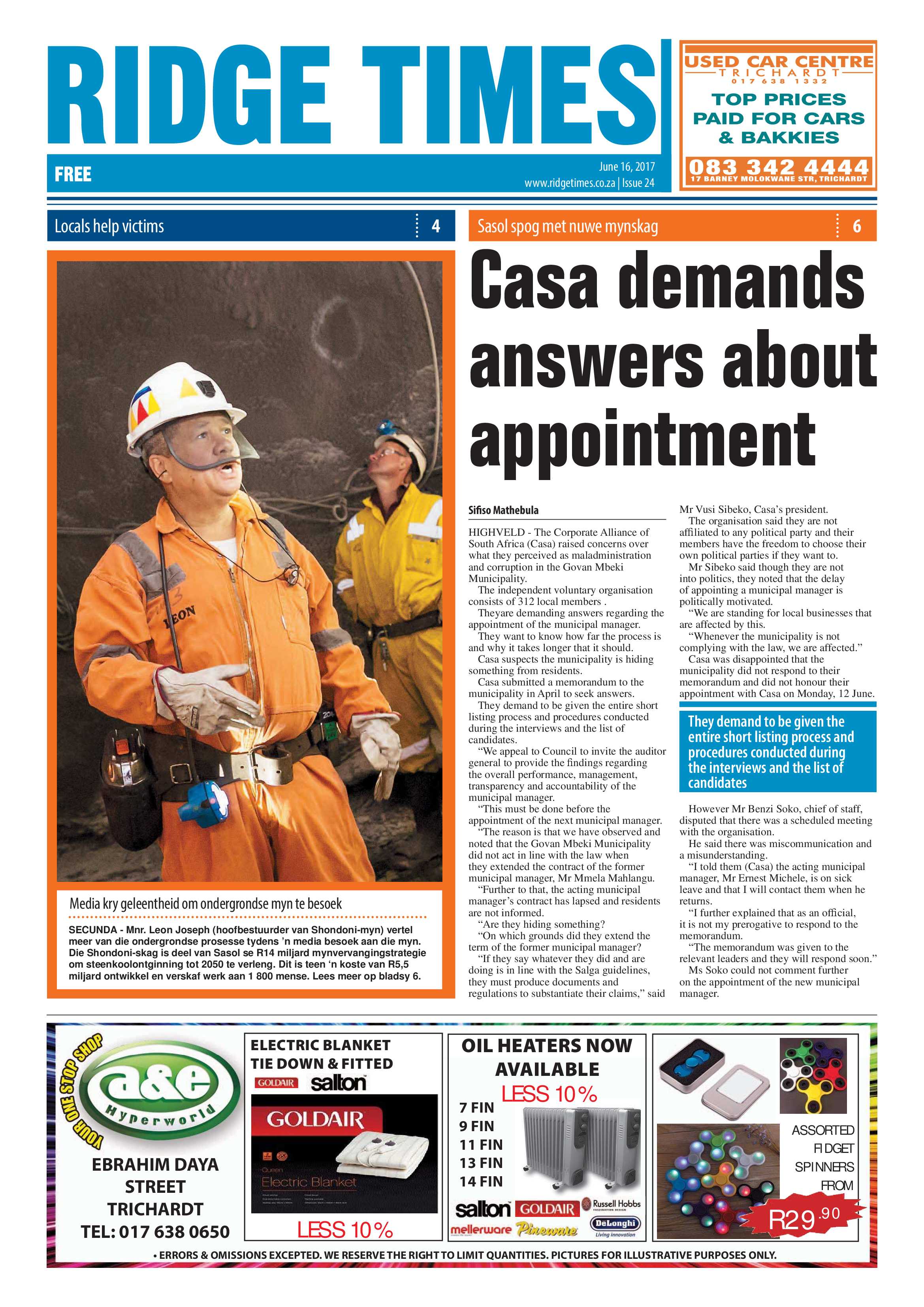 Ridge Times, 16 June 2017 page 1