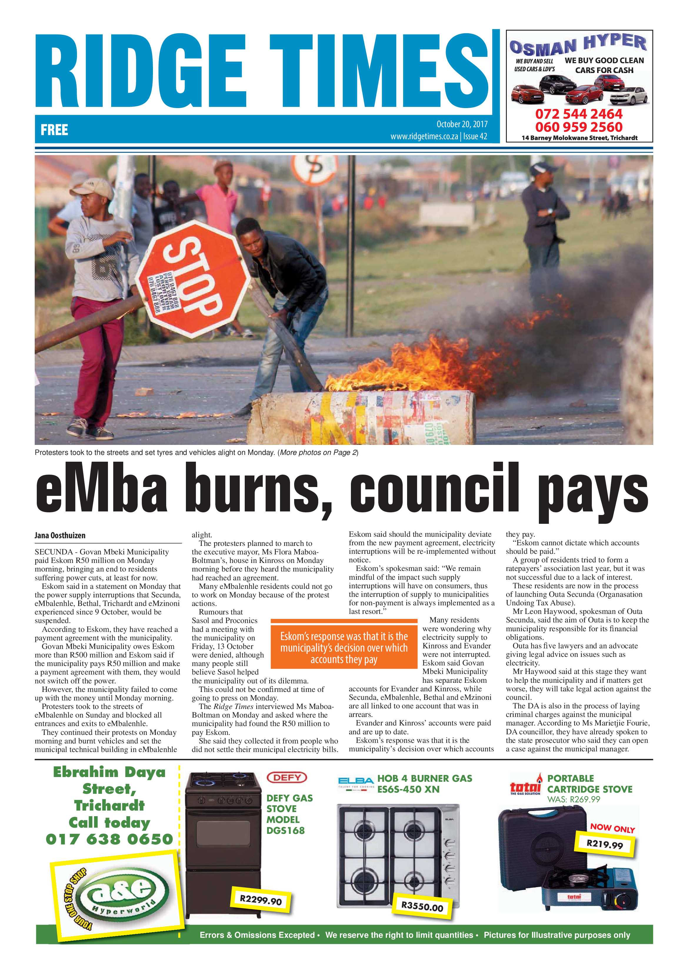 Ridge Times, 20 October 2017 page 1