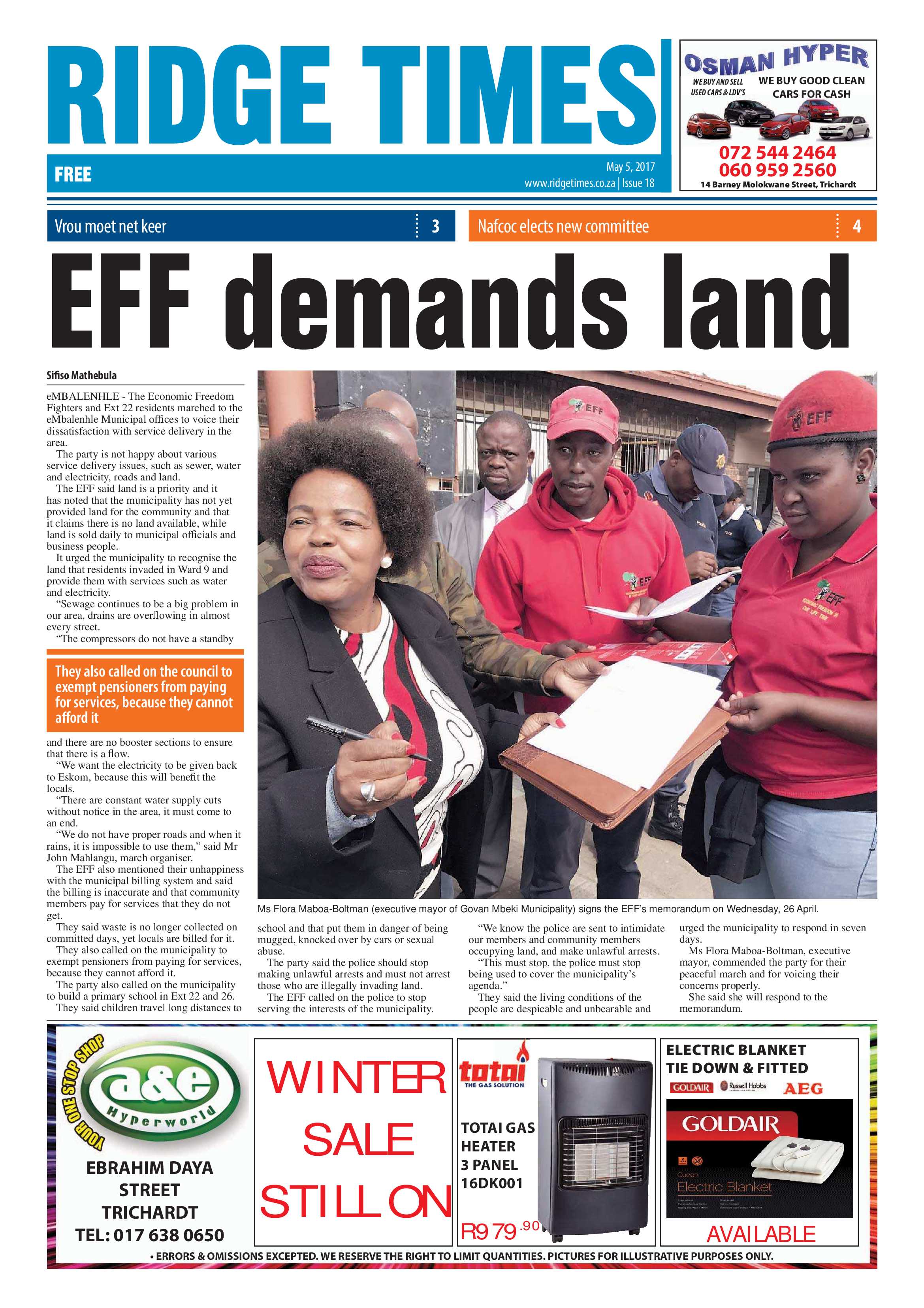 Ridge Times, 5 May 2017 page 1
