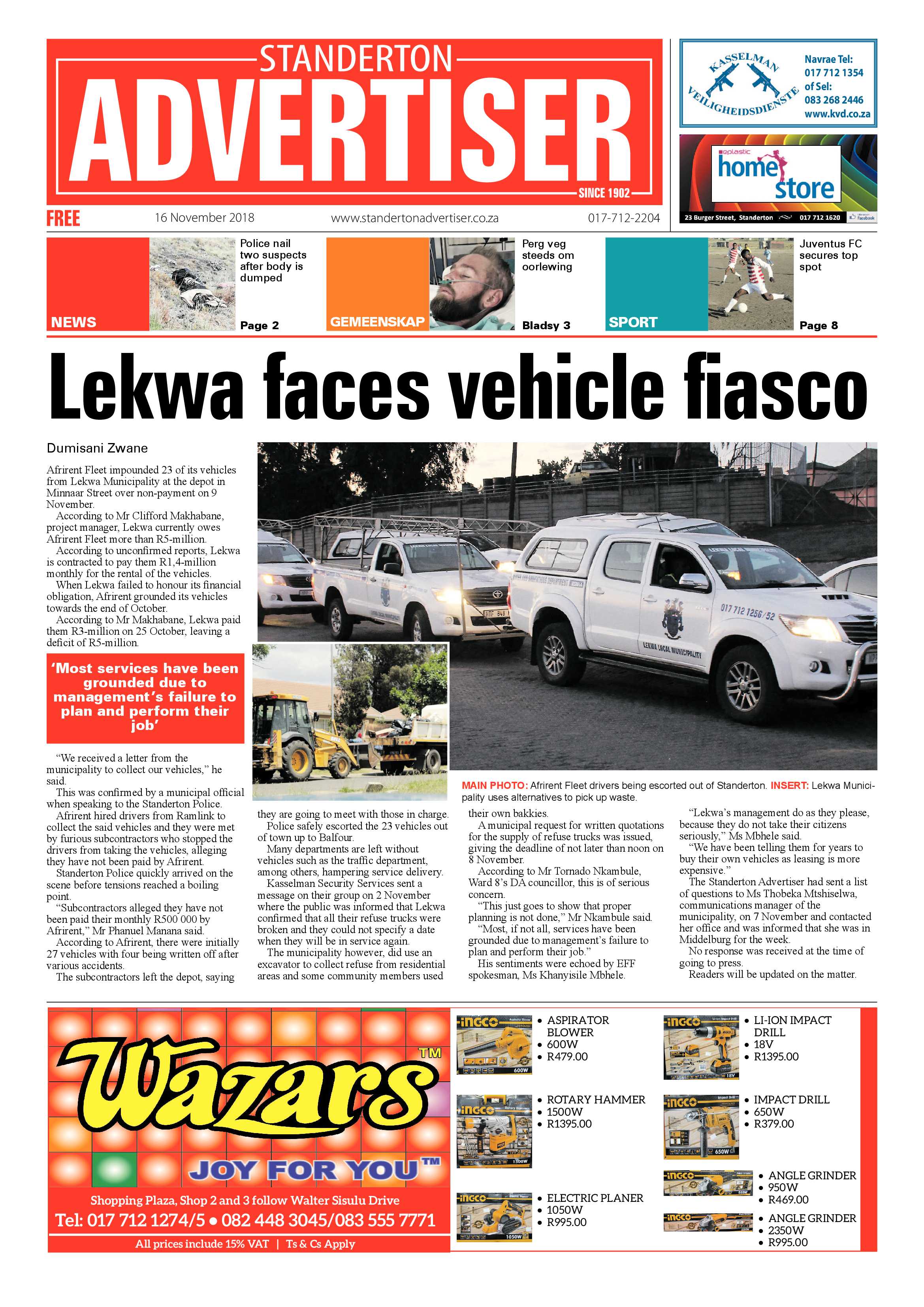 Standerton Advertiser 16 November 2018 page 1